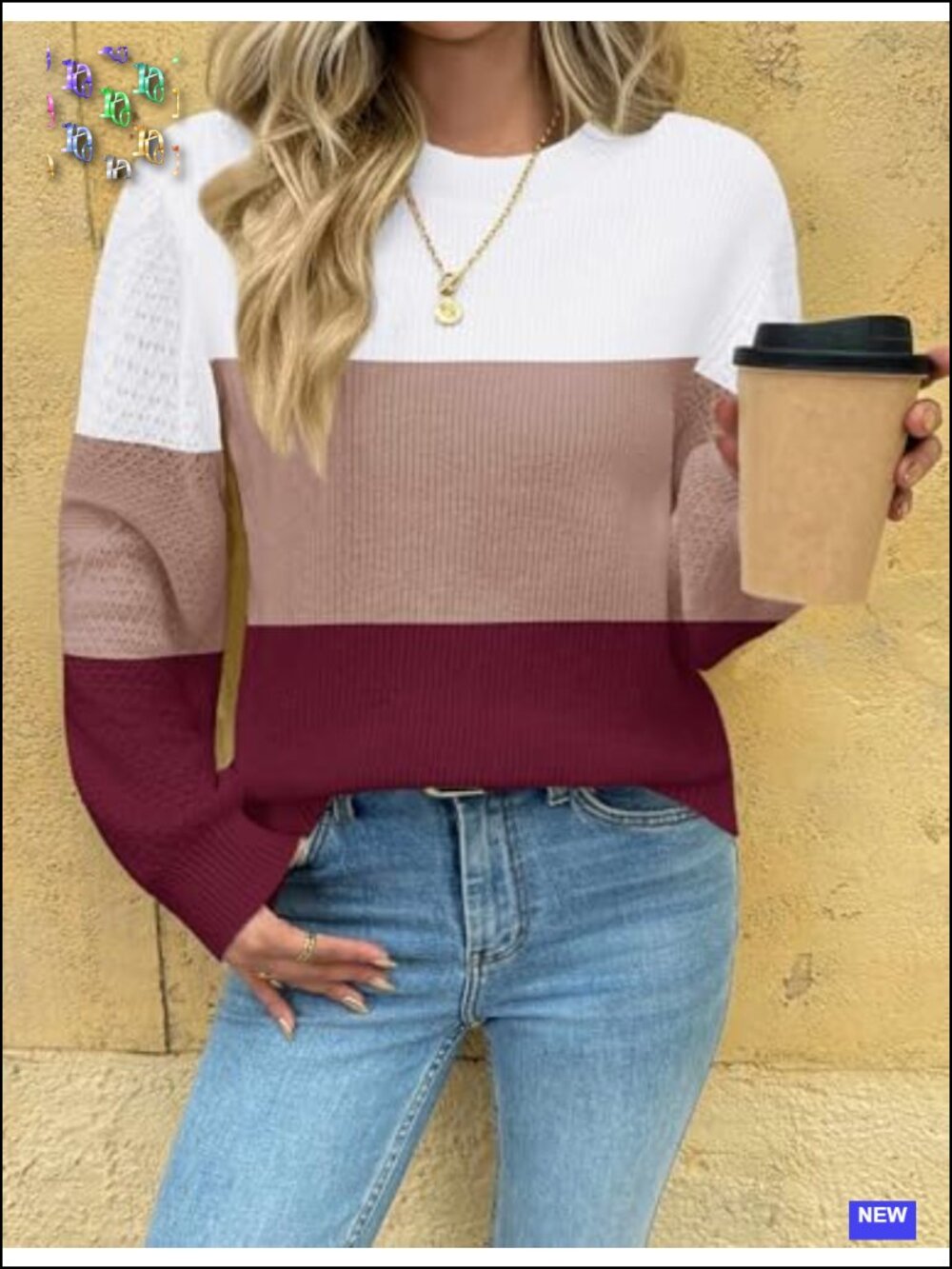 100% Acrylic Women's Knit Pullover Sweater Crew Neck Long Sleeve Loose Fit - Picture 3 of 6